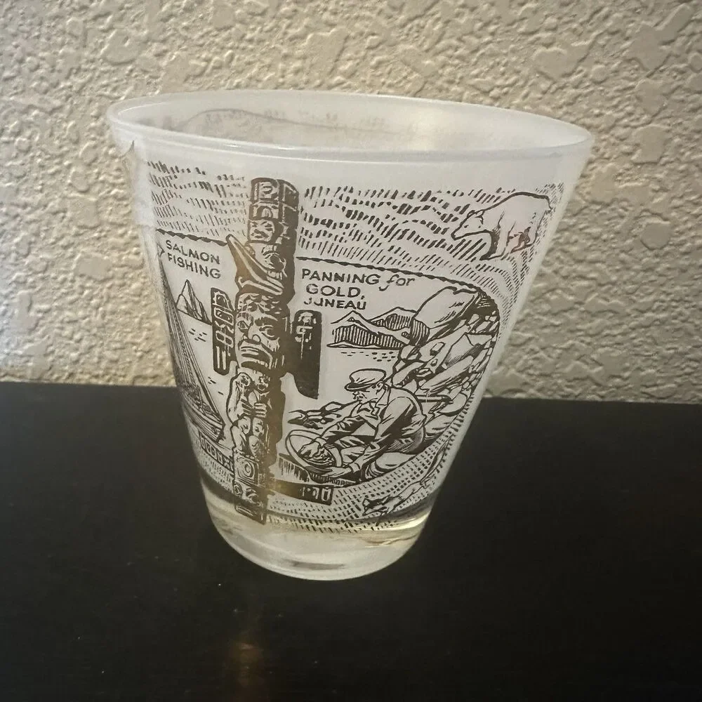 Vintage Frosted Glass 16 Oz Alaskan Jigger  Gold MCM Vintage 50s‎